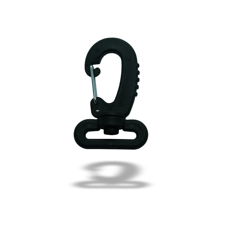 Plastic carabiner for 25 mm, 30 mm or 40 mm webbing, swivel carabiner hooks
