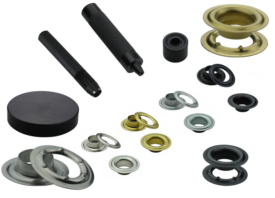 Set + 100 pcs. eyelets DIN 7332, Ø 10mm - 16mm, stainless steel, brass, steel