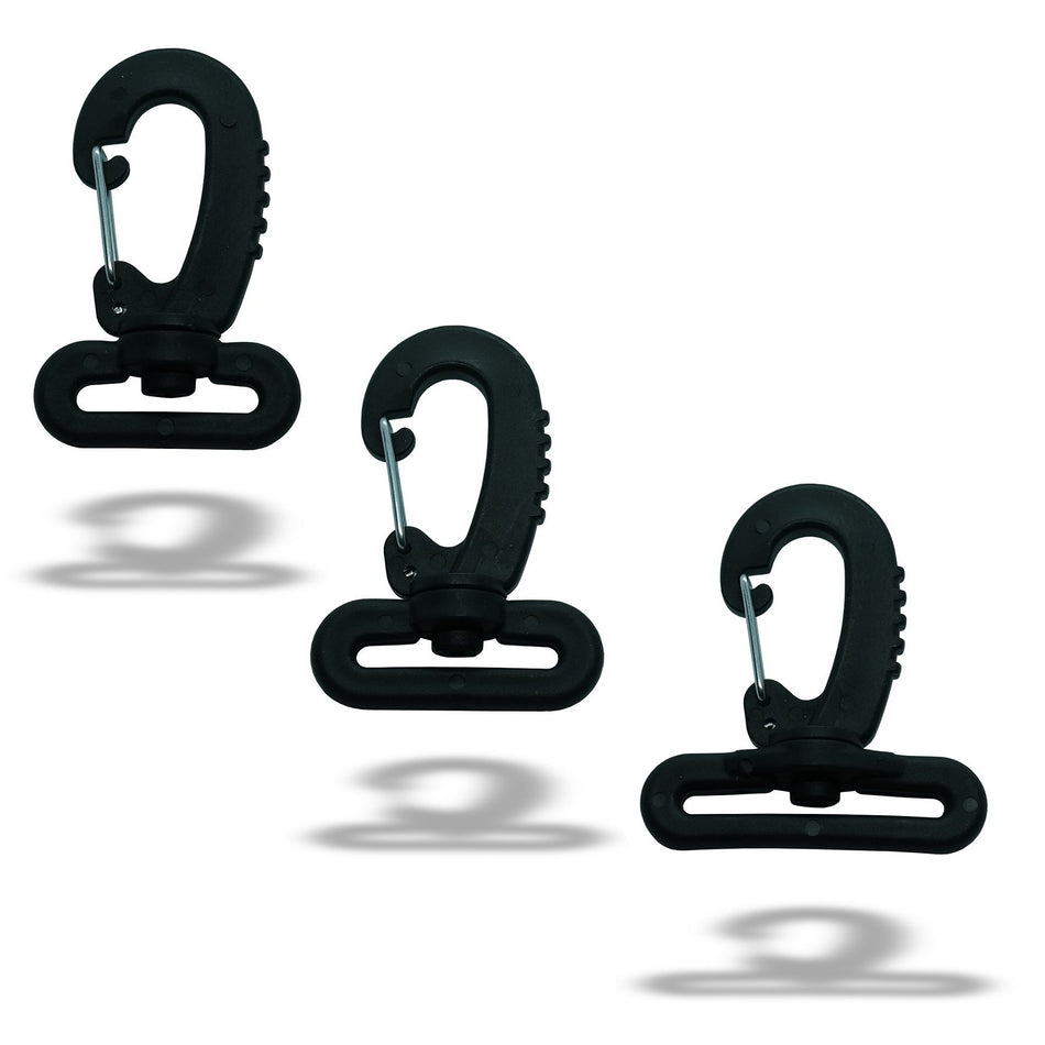 Plastic carabiner for 25 mm, 30 mm or 40 mm webbing, swivel carabiner hooks